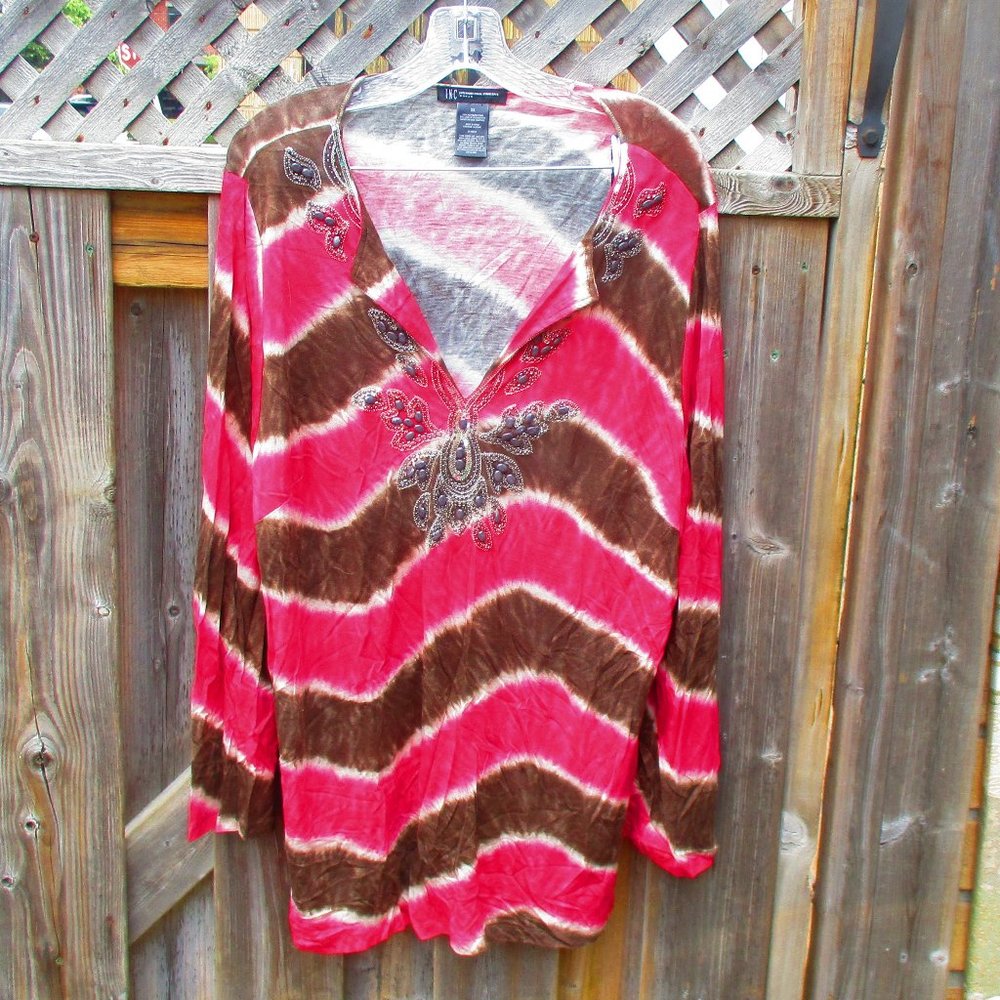 INC Pink & Brown Tie Dye Tunic w/ Bead Accents 2X